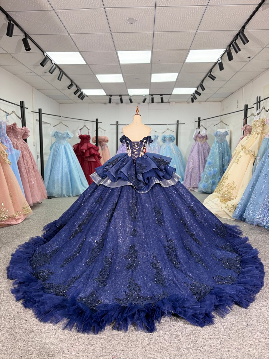 Glamorous Navy Blue Quinceanera Dress Off Shoulder Beads Appliques Tiered Ball Gown - Image 2