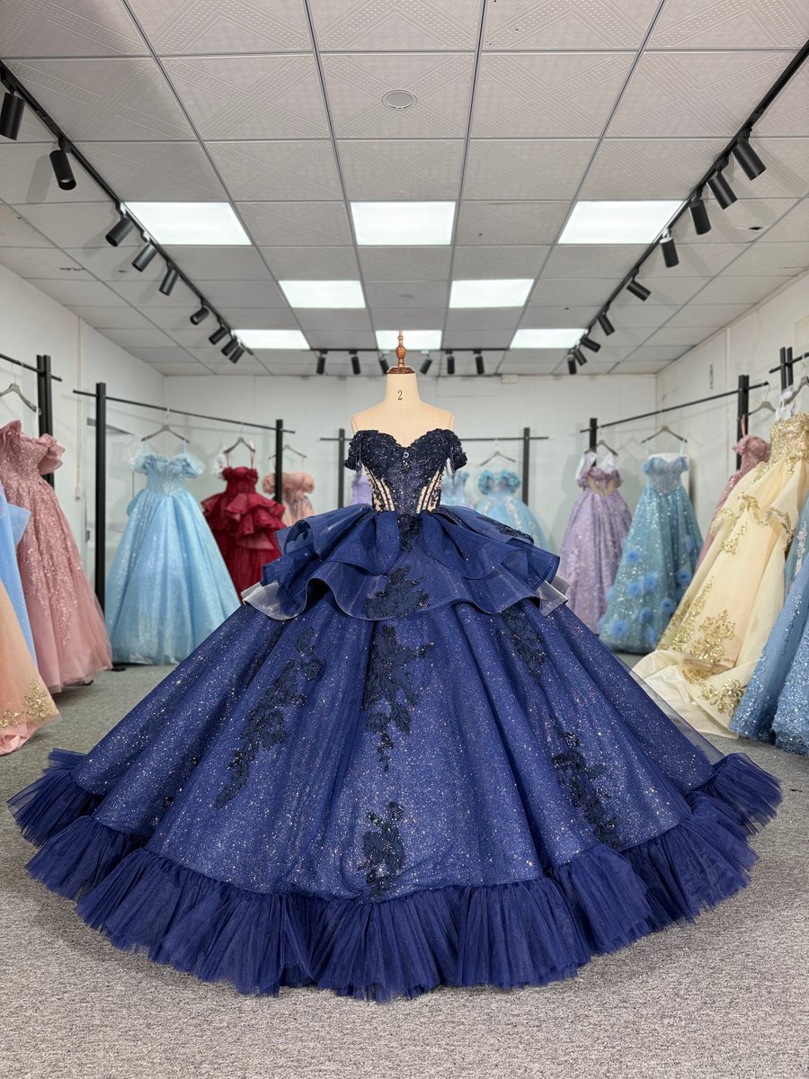Glamorous Navy Blue Quinceanera Dress Off Shoulder Beads Appliques Tiered Ball Gown