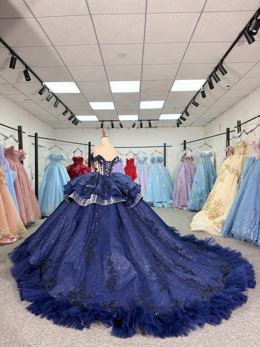 Glamorous Navy Blue Quinceanera Dress Off Shoulder Beads Appliques Tiered Ball Gown - Image 6