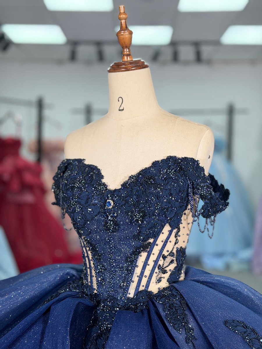 Glamorous Navy Blue Quinceanera Dress Off Shoulder Beads Appliques Tiered Ball Gown - Image 3
