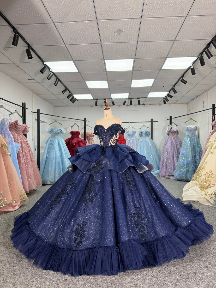 Glamorous Navy Blue Quinceanera Dress Off Shoulder Beads Appliques Tiered Ball Gown - Image 5