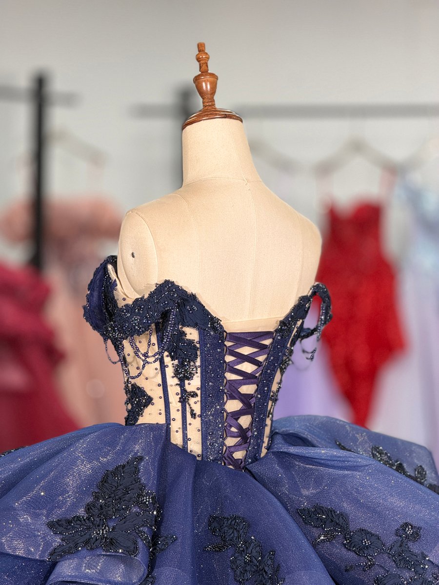 Glamorous Navy Blue Quinceanera Dress Off Shoulder Beads Appliques Tiered Ball Gown - Image 4