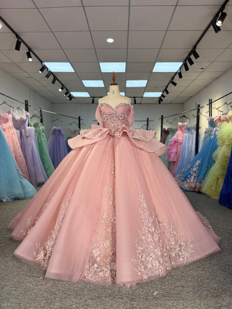 Sparkly Pink Quinceanera Dress Off Shoulder 3D Flowers Ruffles Ball Gown Sweet 16