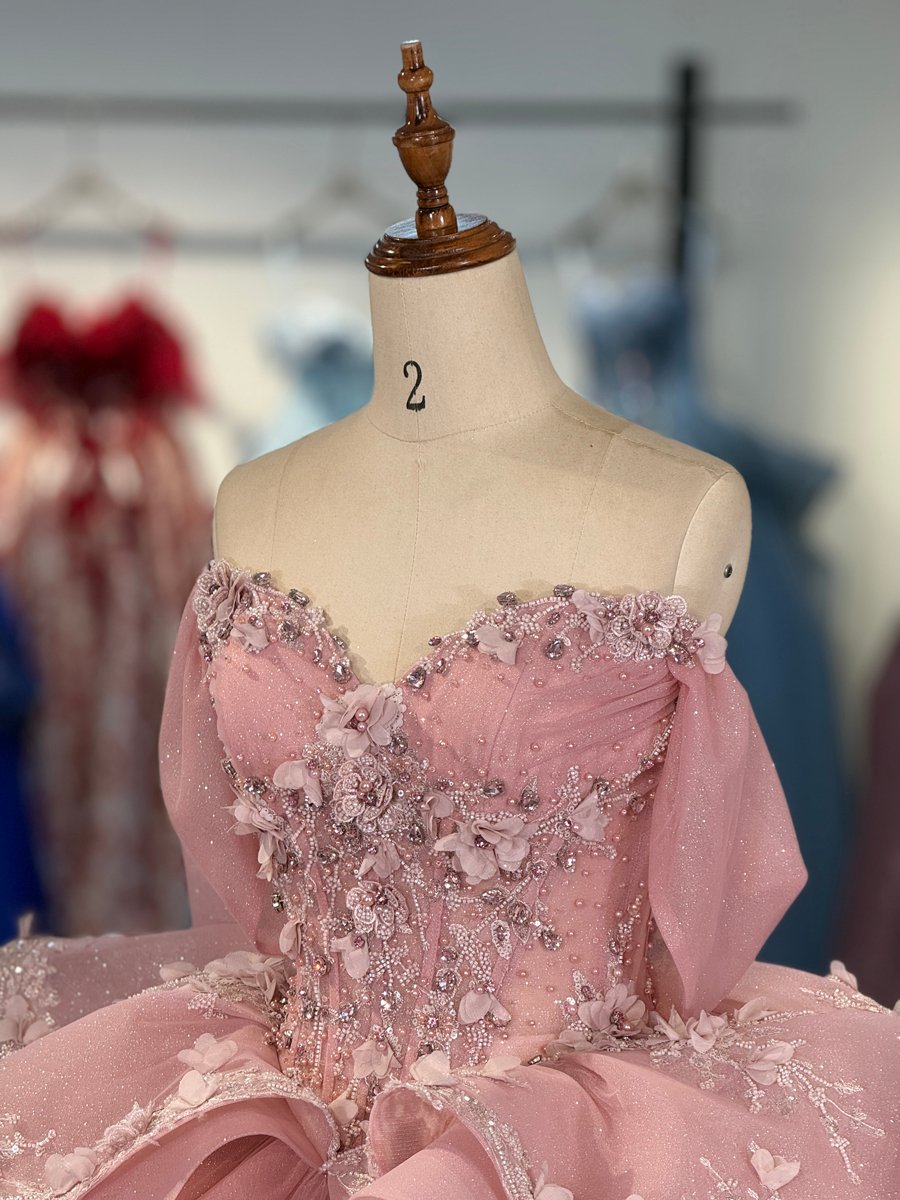 Sparkly Pink Quinceanera Dress Off Shoulder 3D Flowers Ruffles Ball Gown Sweet 16 - Image 3