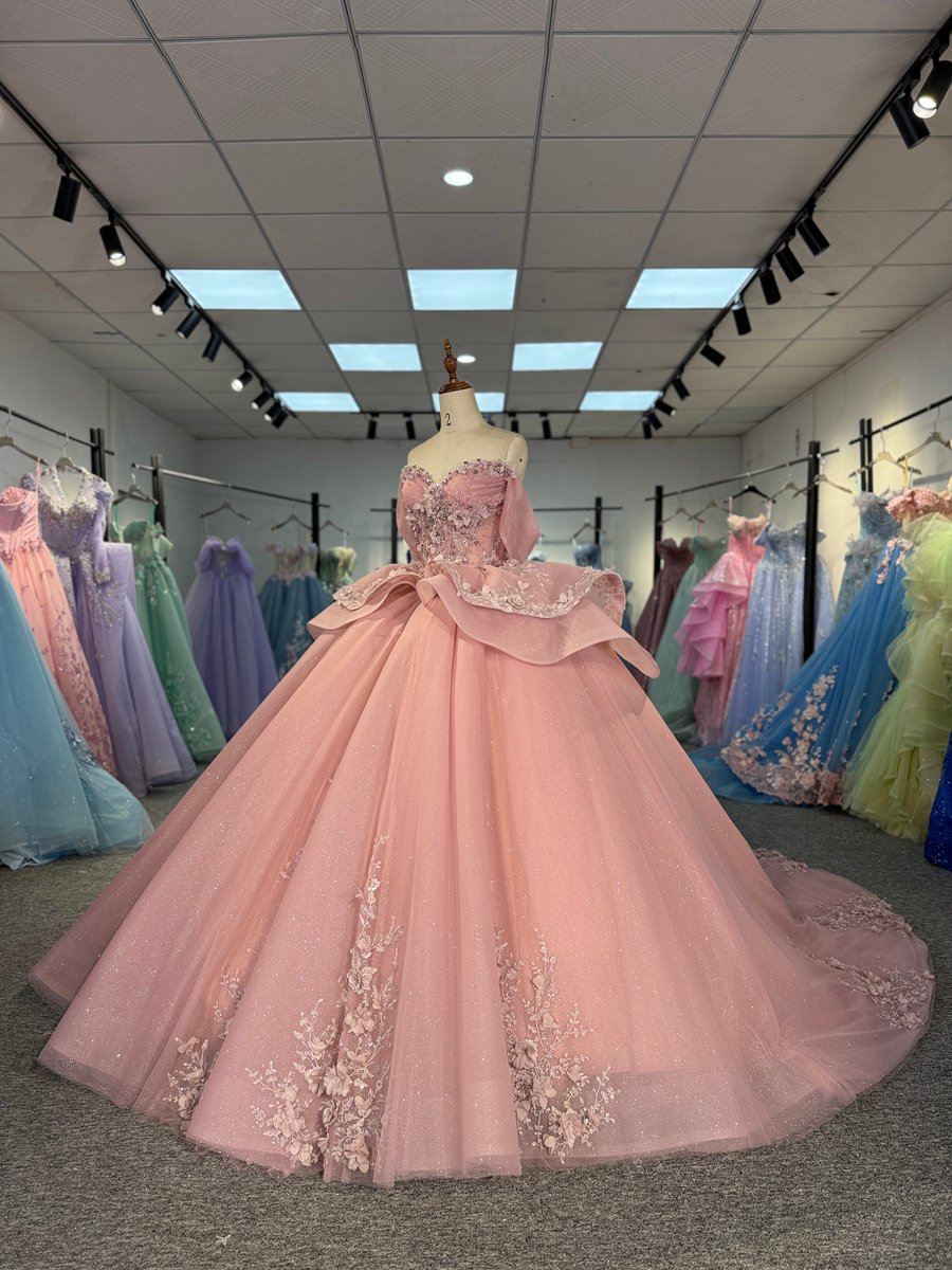 Sparkly Pink Quinceanera Dress Off Shoulder 3D Flowers Ruffles Ball Gown Sweet 16 - Image 5