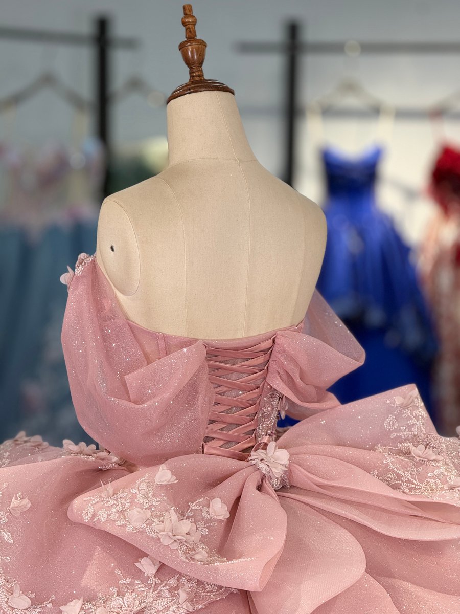 Sparkly Pink Quinceanera Dress Off Shoulder 3D Flowers Ruffles Ball Gown Sweet 16 - Image 4