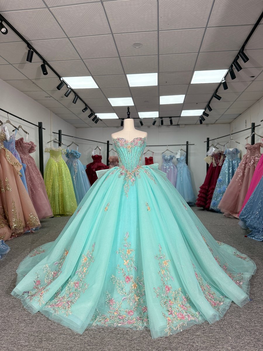 Beautiful Aqua Quinceanera Dress Strapless Detachable Bow Embroidered Ball Gown Sweet 15