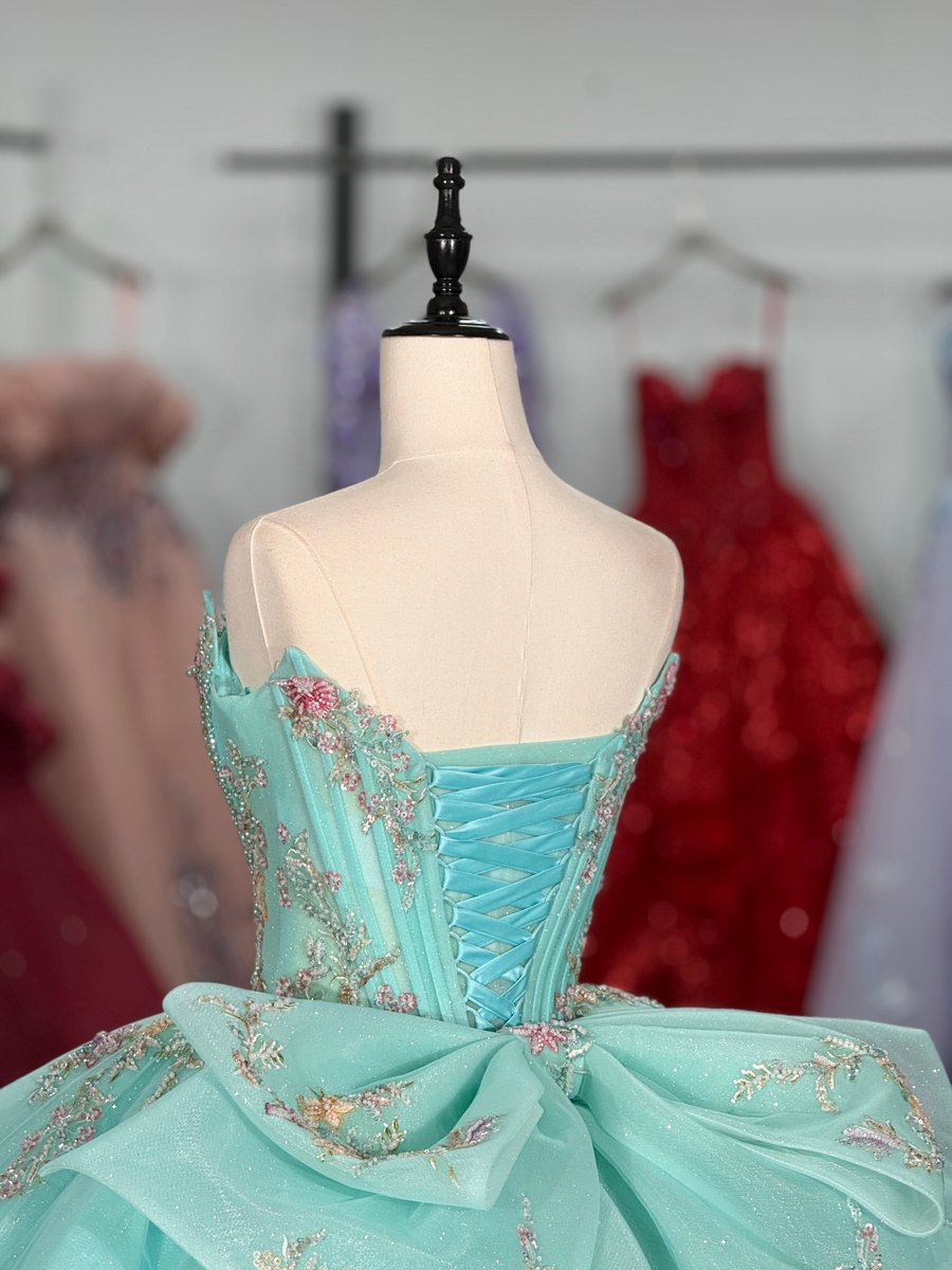 Beautiful Aqua Quinceanera Dress Strapless Detachable Bow Embroidered Ball Gown Sweet 15 - Image 4
