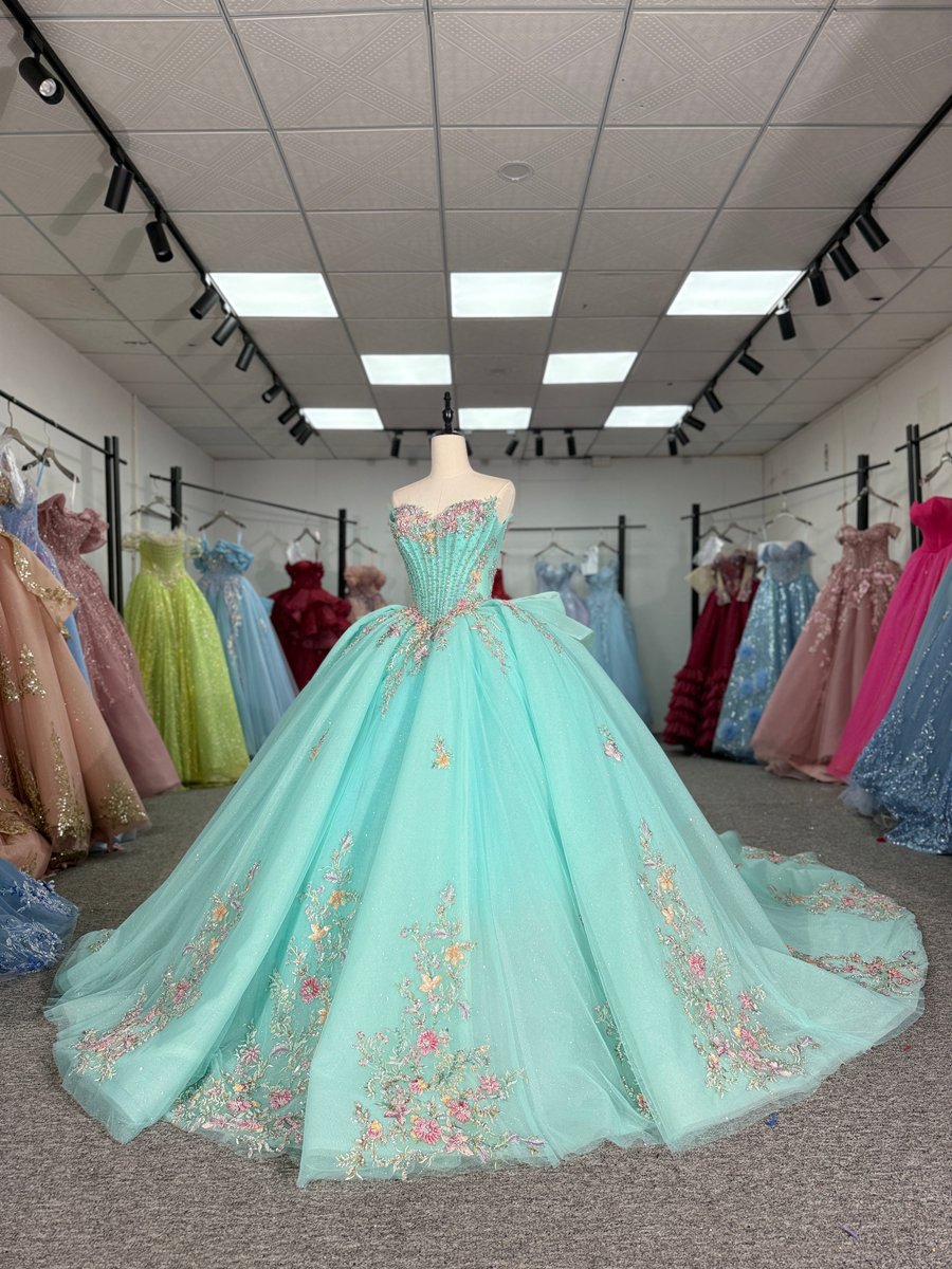 Beautiful Aqua Quinceanera Dress Strapless Detachable Bow Embroidered Ball Gown Sweet 15 - Image 5