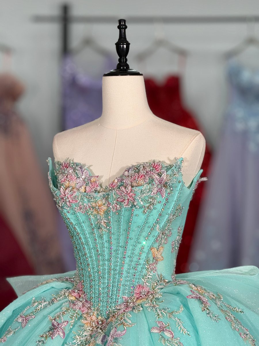 Beautiful Aqua Quinceanera Dress Strapless Detachable Bow Embroidered Ball Gown Sweet 15 - Image 3