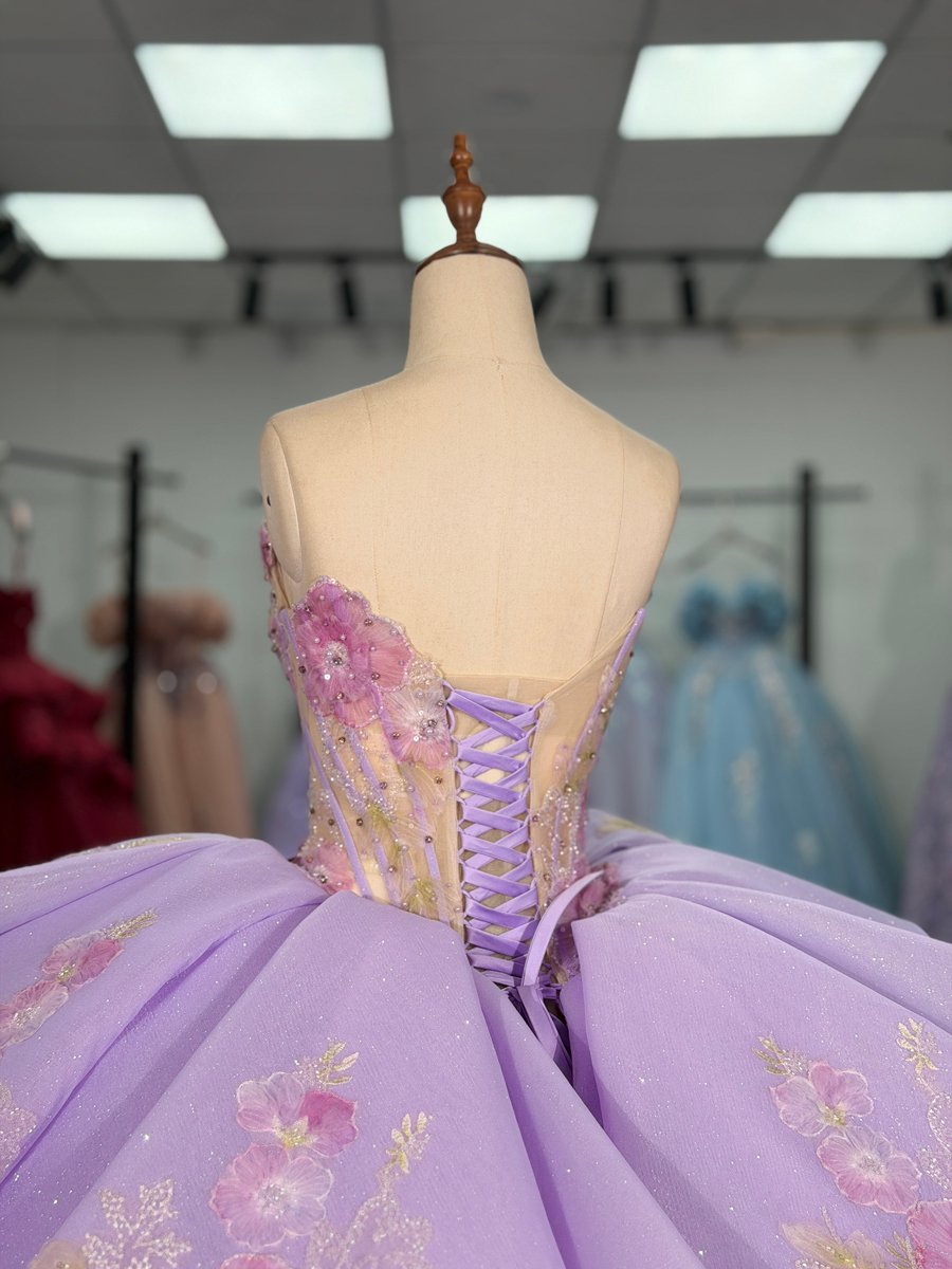 Princess Lavender Quinceanera Dress High Neck Long Sleeves Flower Applique 2 in 1 Ball Gown Dress - Image 7