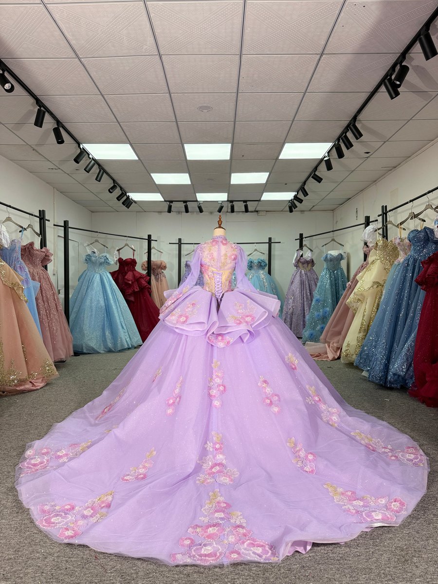 Princess Lavender Quinceanera Dress High Neck Long Sleeves Flower Applique 2 in 1 Ball Gown Dress - Image 3