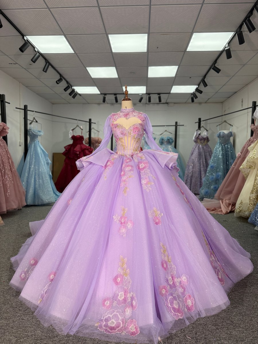 Princess Lavender Quinceanera Dress High Neck Long Sleeves Flower Applique 2 in 1 Ball Gown Dress