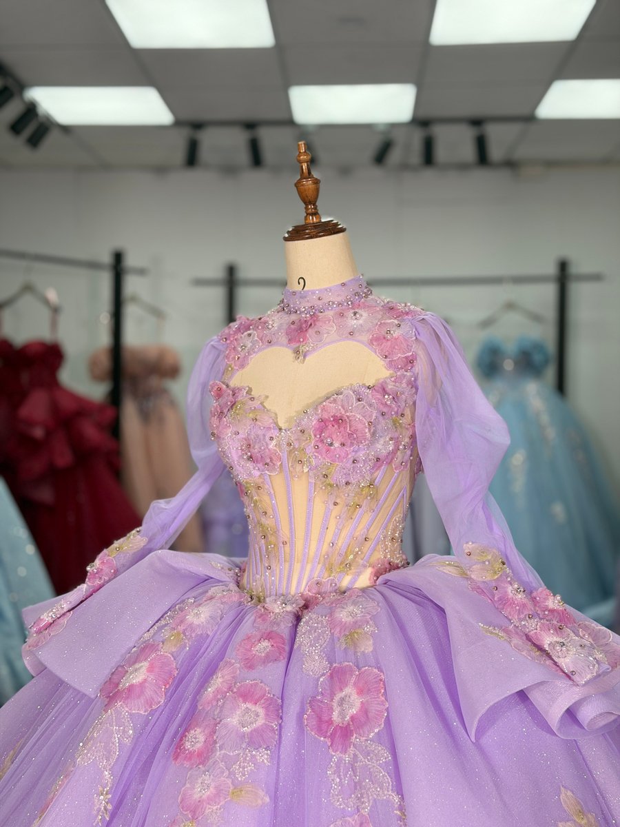 Princess Lavender Quinceanera Dress High Neck Long Sleeves Flower Applique 2 in 1 Ball Gown Dress - Image 4