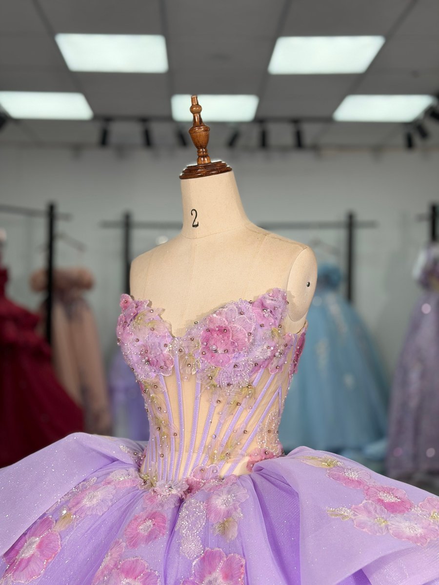 Princess Lavender Quinceanera Dress High Neck Long Sleeves Flower Applique 2 in 1 Ball Gown Dress - Image 6