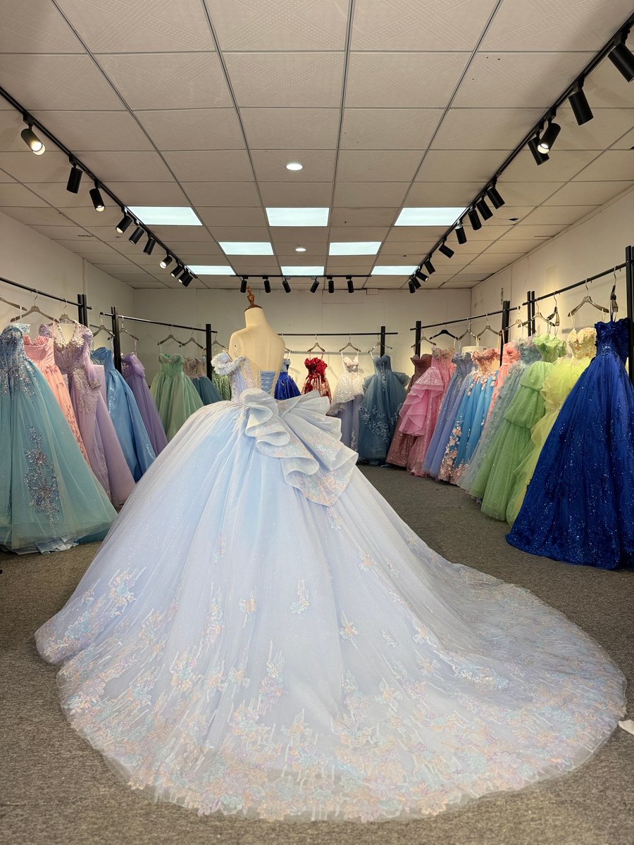 Sparkly Light Blue Quinceanera Dress Off Shoulder Beaded Corset Sequin Ball Gown - Image 6