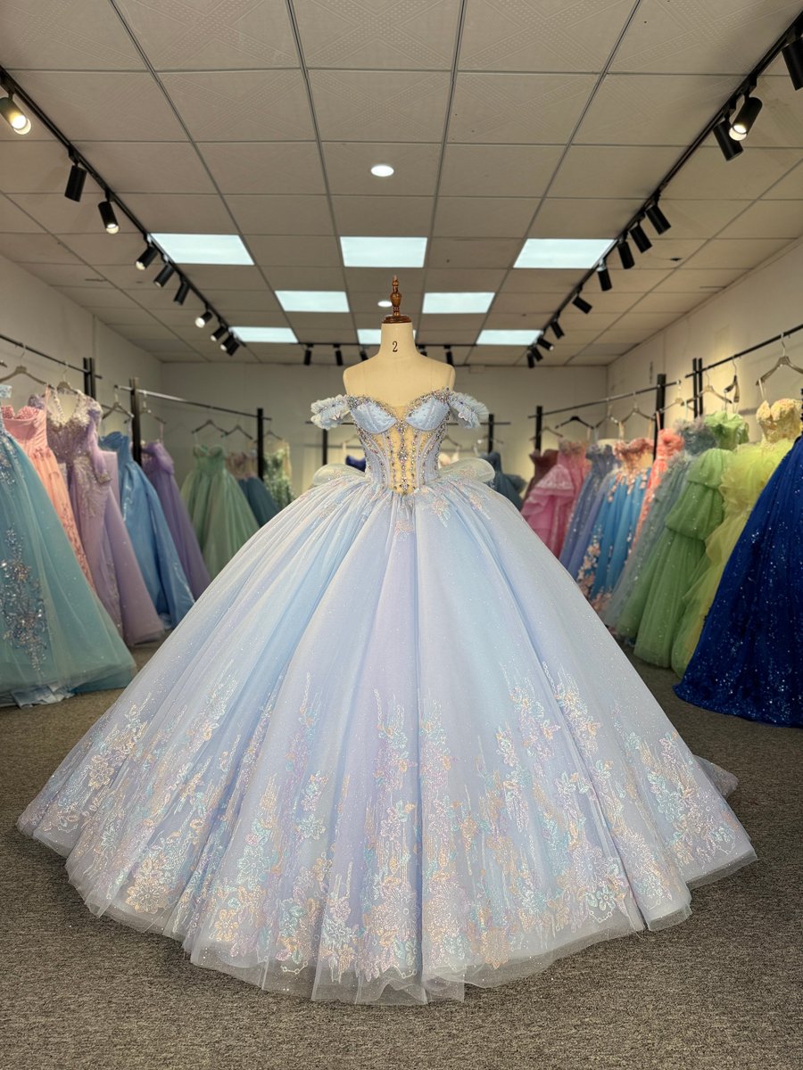 Sparkly Light Blue Quinceanera Dress Off Shoulder Beaded Corset Sequin Ball Gown