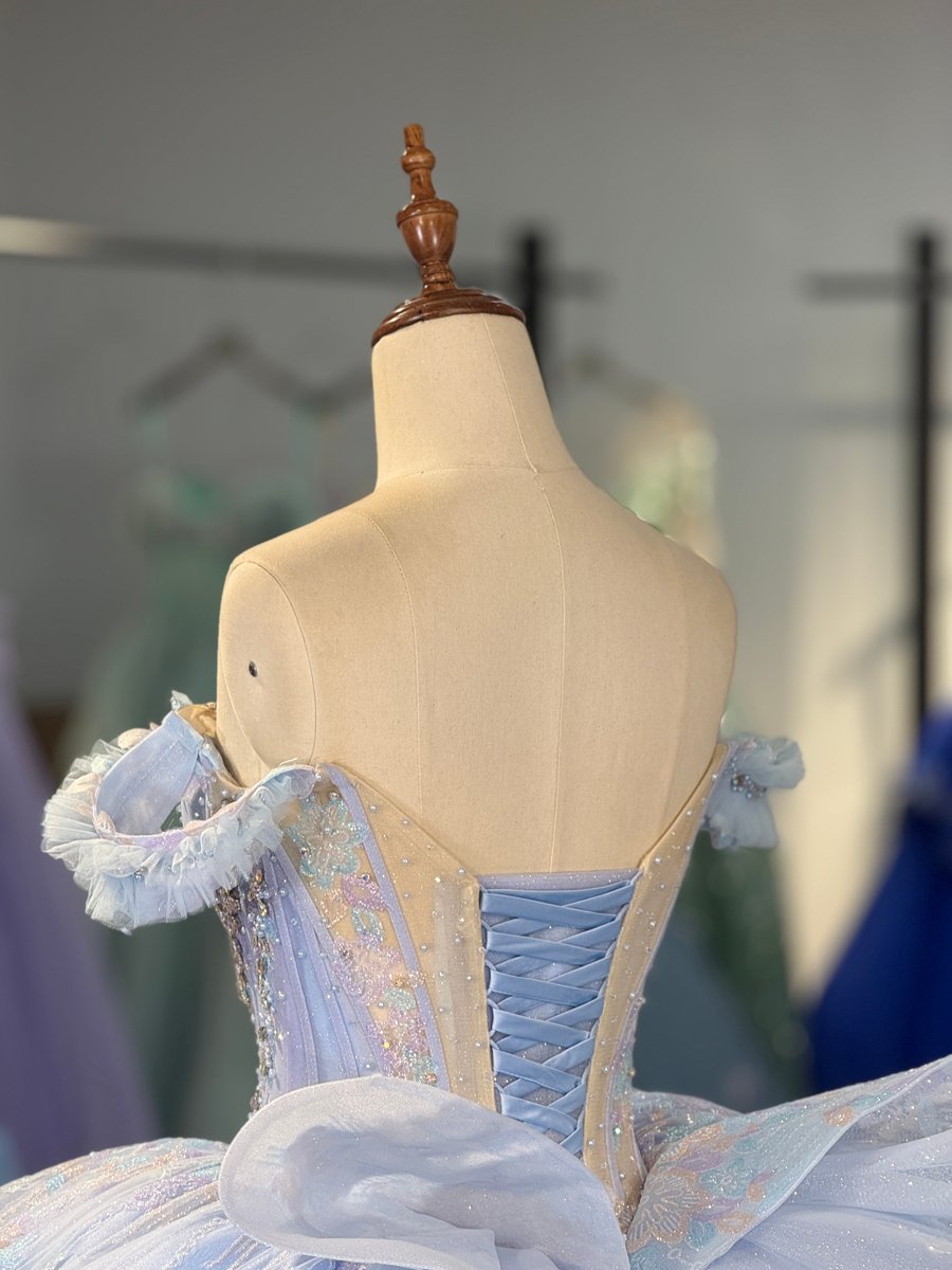 Sparkly Light Blue Quinceanera Dress Off Shoulder Beaded Corset Sequin Ball Gown - Image 4