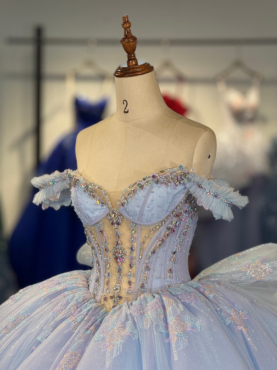 Sparkly Light Blue Quinceanera Dress Off Shoulder Beaded Corset Sequin Ball Gown - Image 3