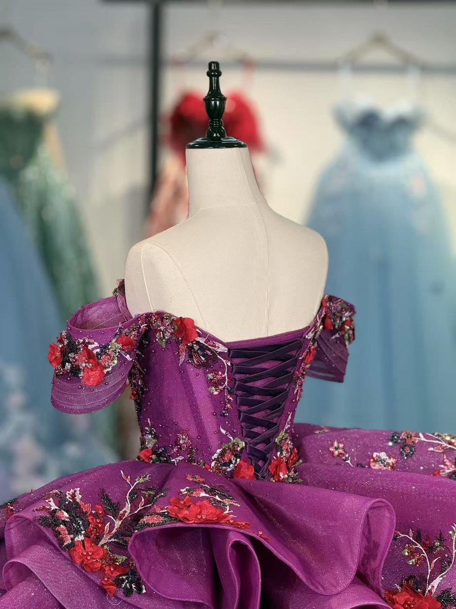 Sparkly Fuchsia Off Shoulder Floral Embroidered Sweet 16 Quinceanera Ball Gown With Ruffles And Long Train - Image 4