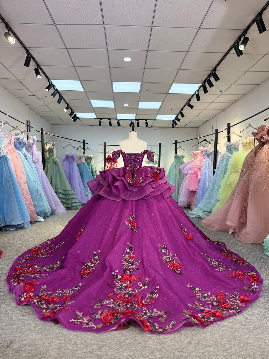 Sparkly Fuchsia Off Shoulder Floral Embroidered Sweet 16 Quinceanera Ball Gown With Ruffles And Long Train - Image 2