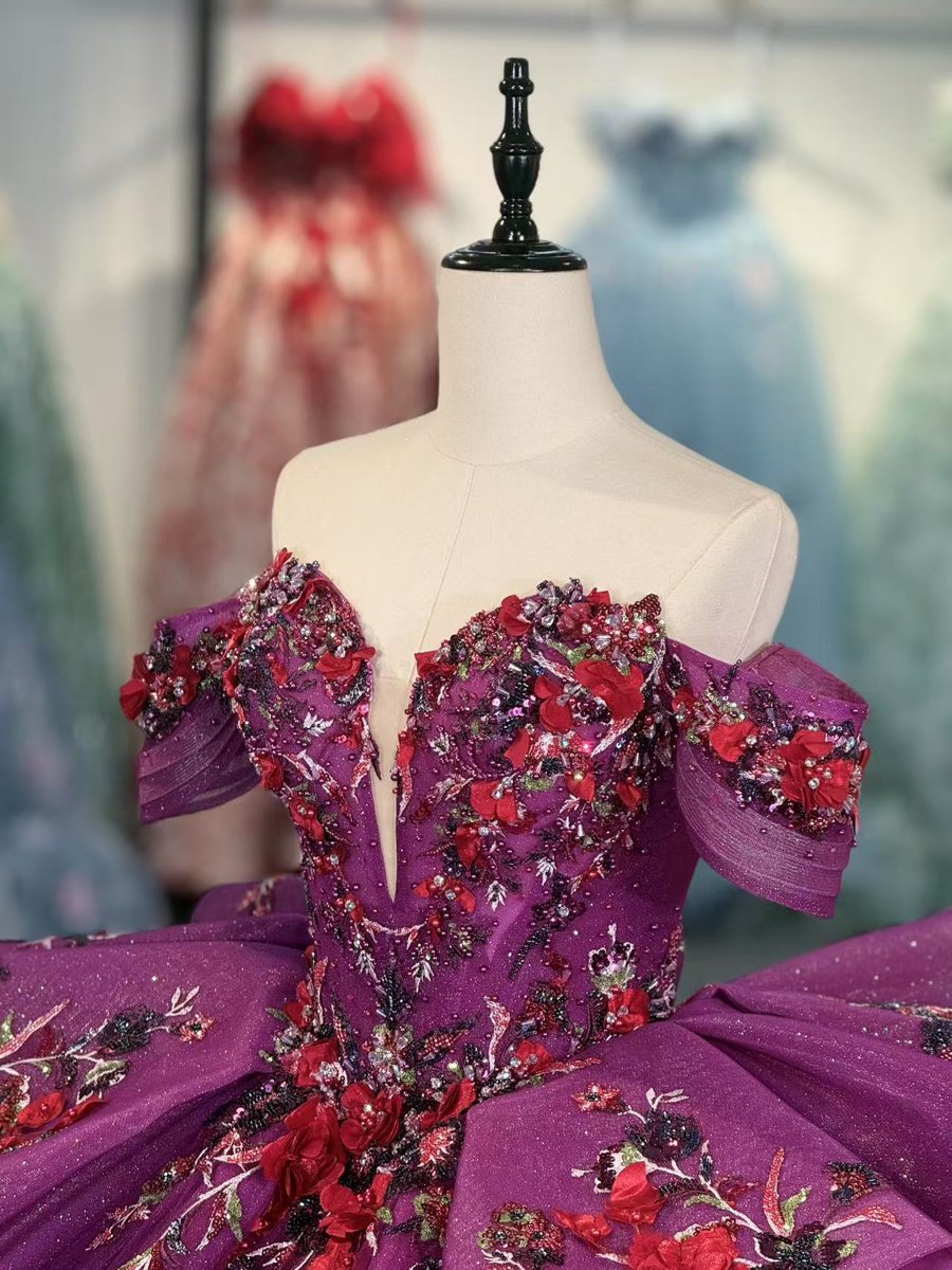 Sparkly Fuchsia Off Shoulder Floral Embroidered Sweet 16 Quinceanera Ball Gown With Ruffles And Long Train - Image 3