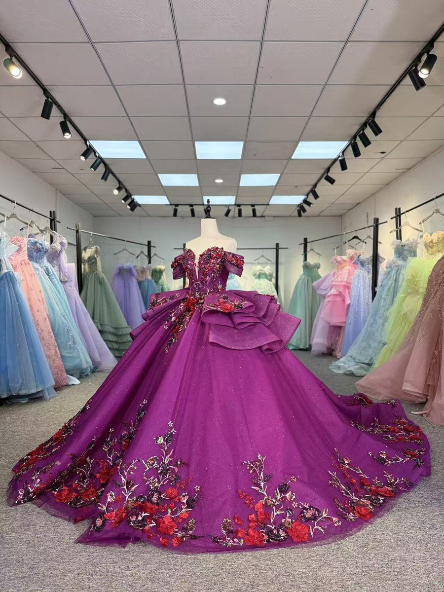 Sparkly Fuchsia Off Shoulder Floral Embroidered Sweet 16 Quinceanera Ball Gown With Ruffles And Long Train - Image 5