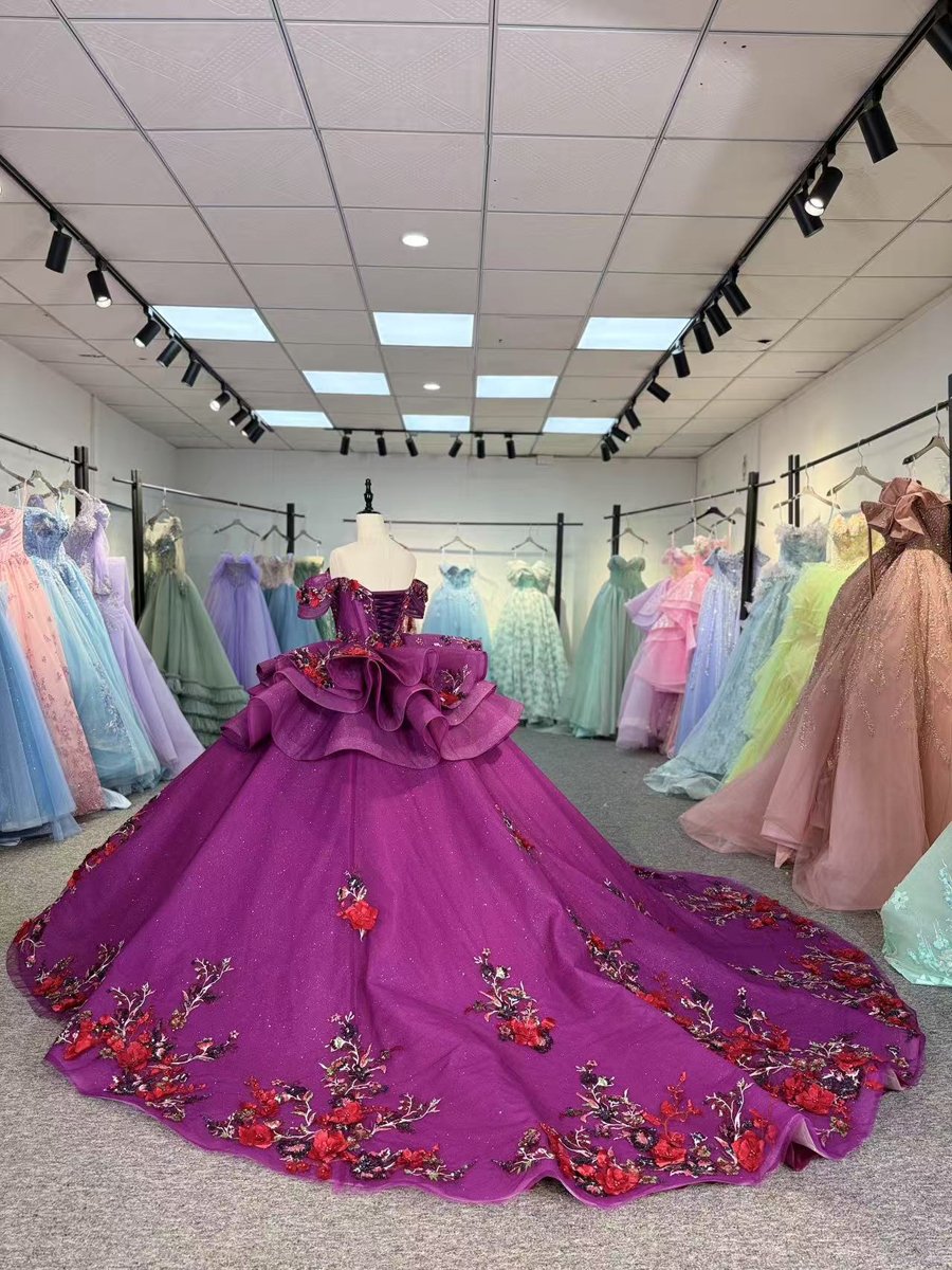 Sparkly Fuchsia Off Shoulder Floral Embroidered Sweet 16 Quinceanera Ball Gown With Ruffles And Long Train - Image 6