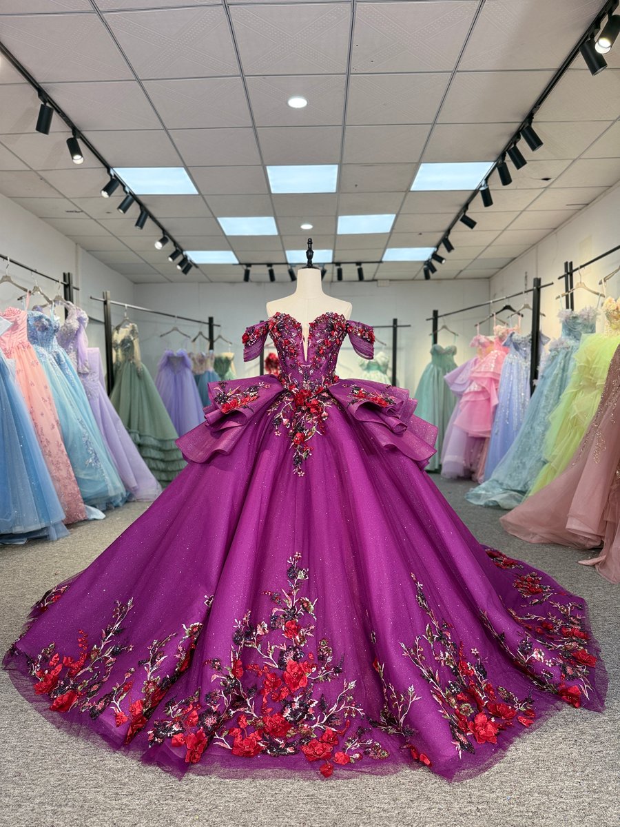 Sparkly Fuchsia Off Shoulder Floral Embroidered Sweet 16 Quinceanera Ball Gown With Ruffles And Long Train