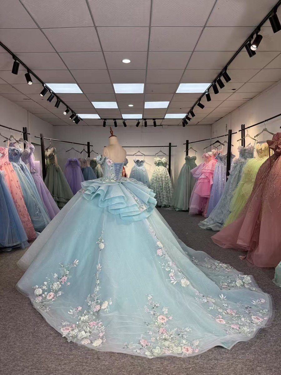 Sparkly Beaded Floral Baby Blue Quinceanera Dress Off Shoulder Corset Back Ruffle Detail Ball Gown Long Train Sweet 15 Princess - Image 6