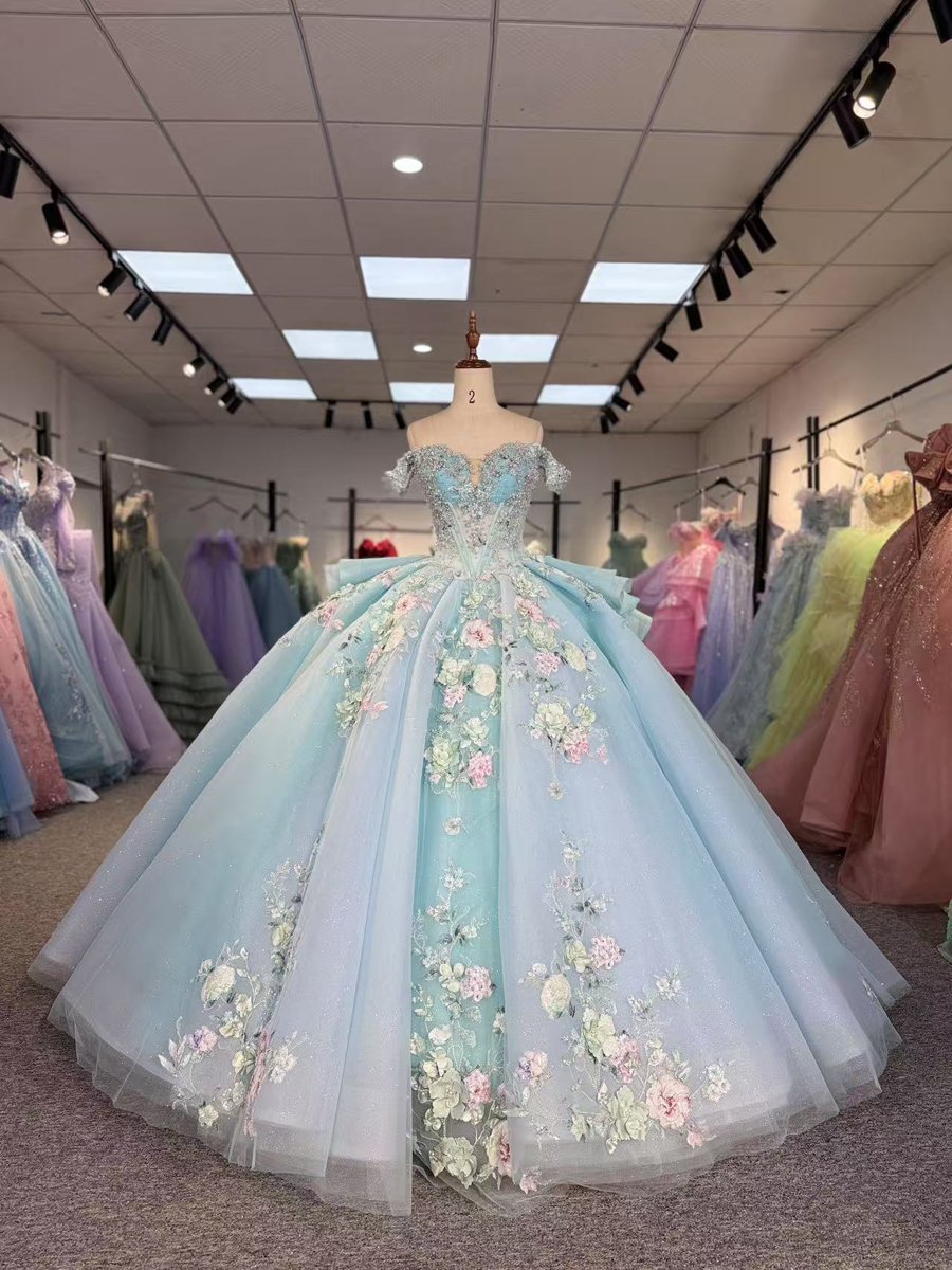 Sparkly Beaded Floral Baby Blue Quinceanera Dress Off Shoulder Corset Back Ruffle Detail Ball Gown Long Train Sweet 15 Princess