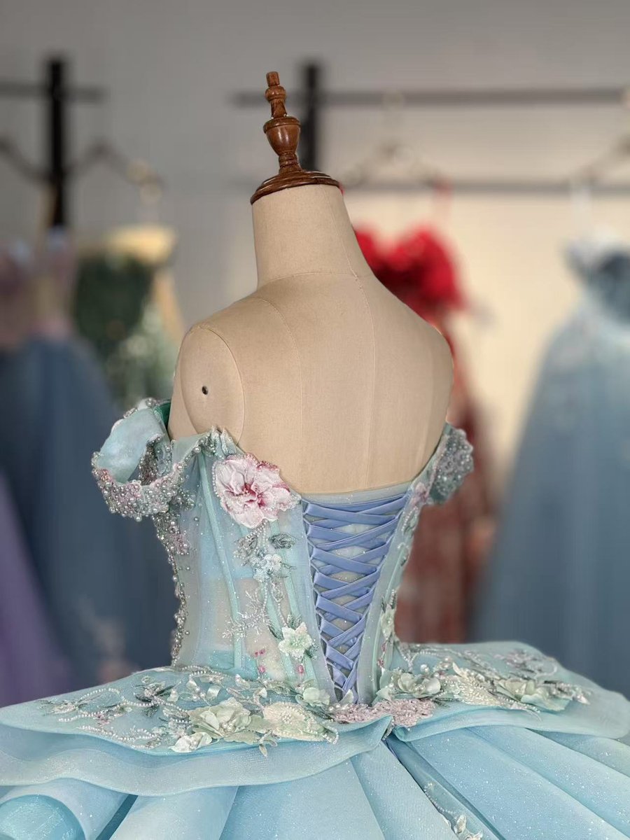 Sparkly Beaded Floral Baby Blue Quinceanera Dress Off Shoulder Corset Back Ruffle Detail Ball Gown Long Train Sweet 15 Princess - Image 4