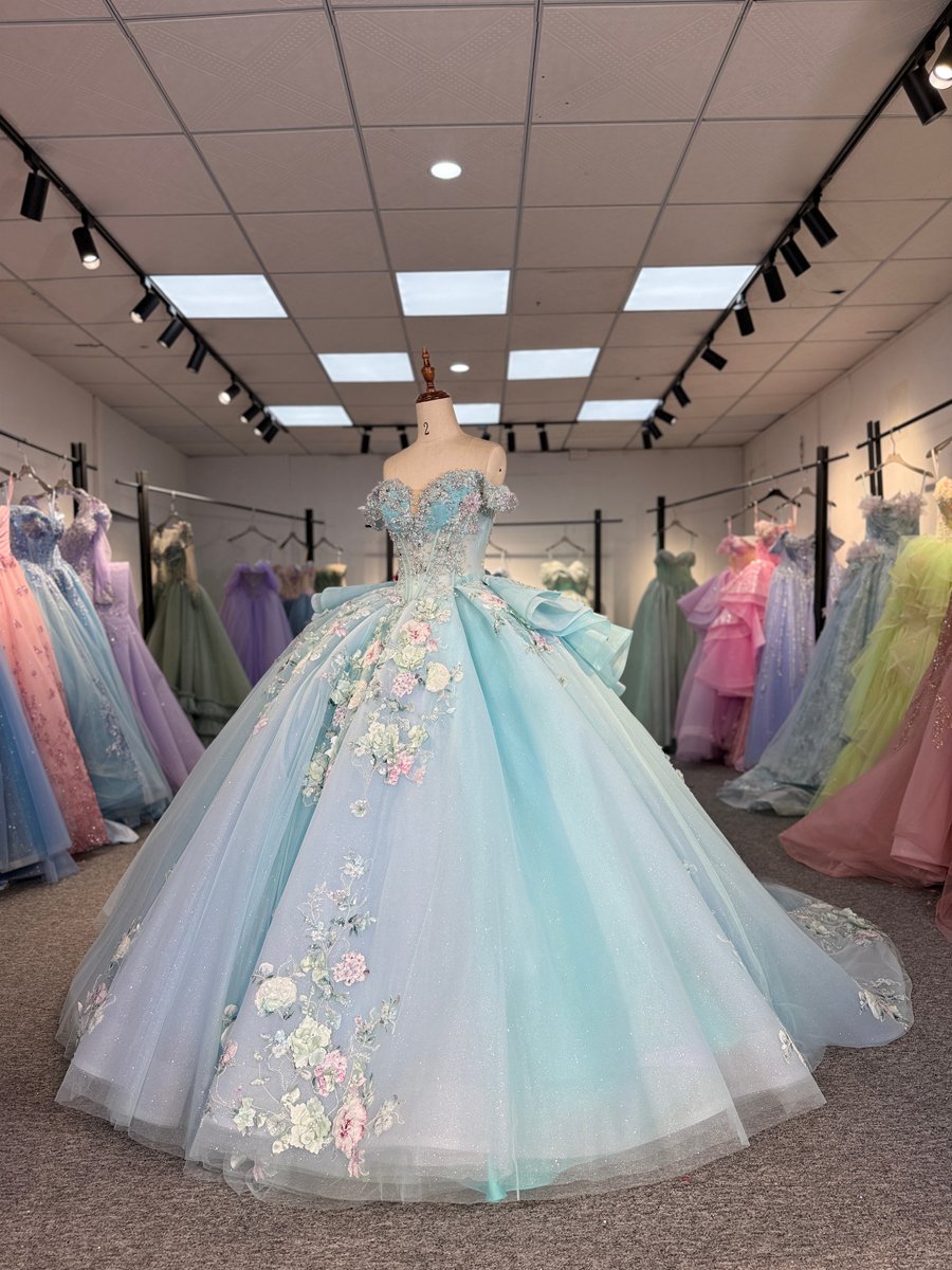 Sparkly Beaded Floral Baby Blue Quinceanera Dress Off Shoulder Corset Back Ruffle Detail Ball Gown Long Train Sweet 15 Princess - Image 5