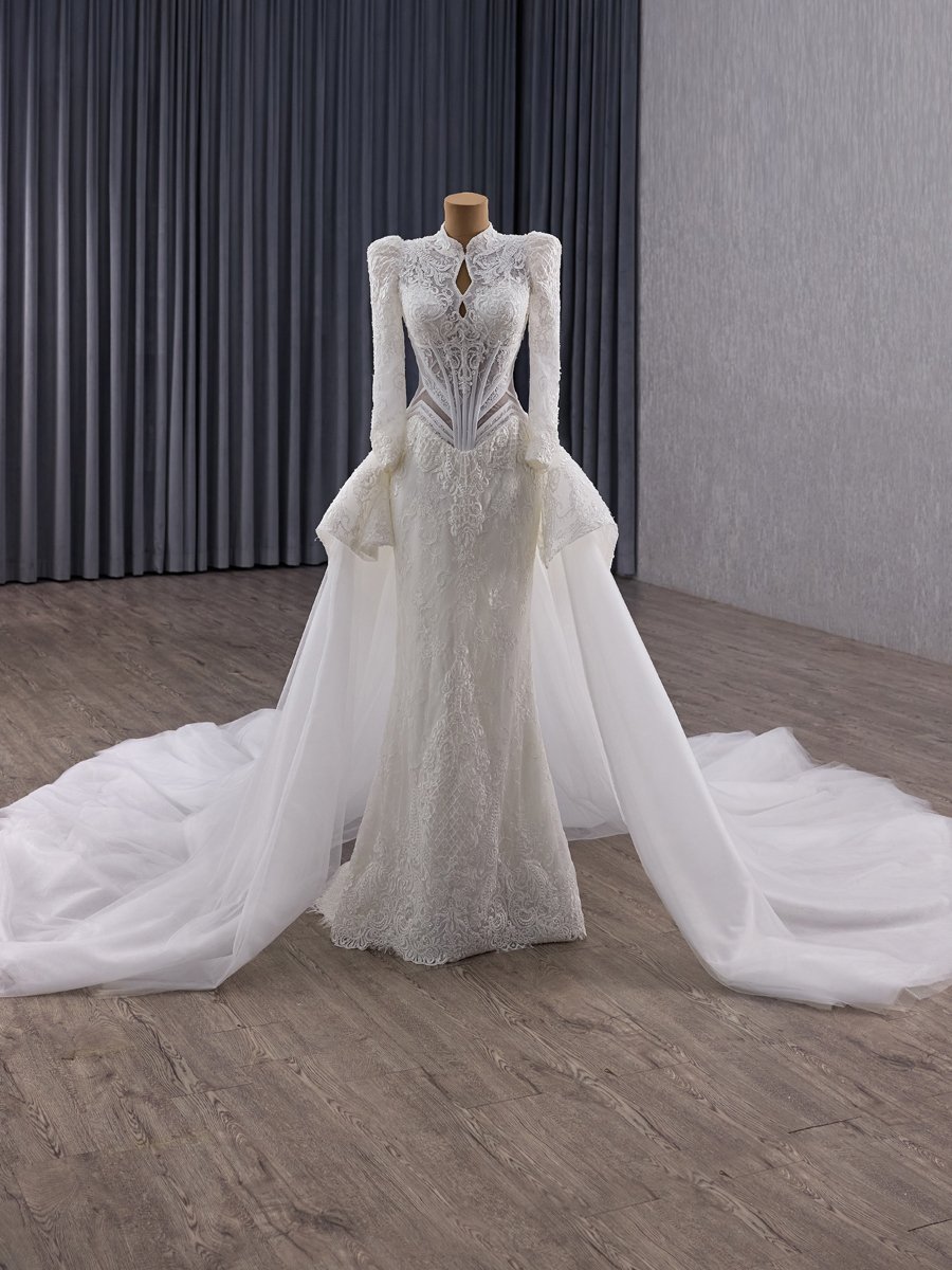 Elegant Ivory High Neck Long Sleeve Lace Wedding Dress Detachable Train Trumpet Bridal Gown