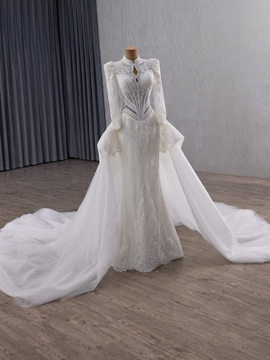 Elegant Ivory High Neck Long Sleeve Lace Wedding Dress Detachable Train Trumpet Bridal Gown - Image 5