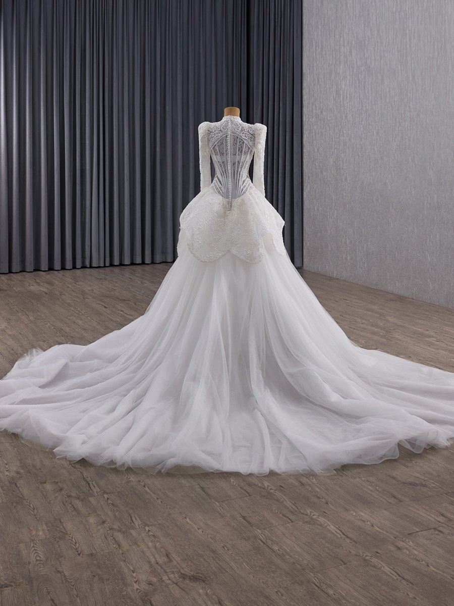 Elegant Ivory High Neck Long Sleeve Lace Wedding Dress Detachable Train Trumpet Bridal Gown - Image 2