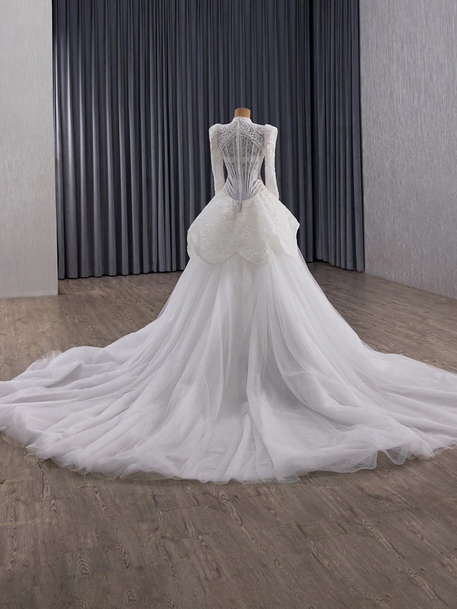 Elegant Ivory High Neck Long Sleeve Lace Wedding Dress Detachable Train Trumpet Bridal Gown - Image 6