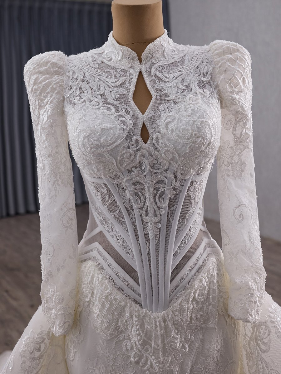 Elegant Ivory High Neck Long Sleeve Lace Wedding Dress Detachable Train Trumpet Bridal Gown - Image 3