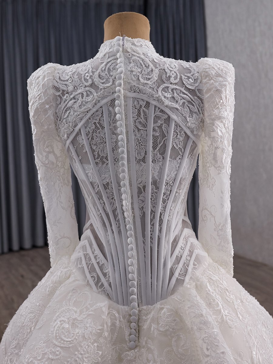 Elegant Ivory High Neck Long Sleeve Lace Wedding Dress Detachable Train Trumpet Bridal Gown - Image 4