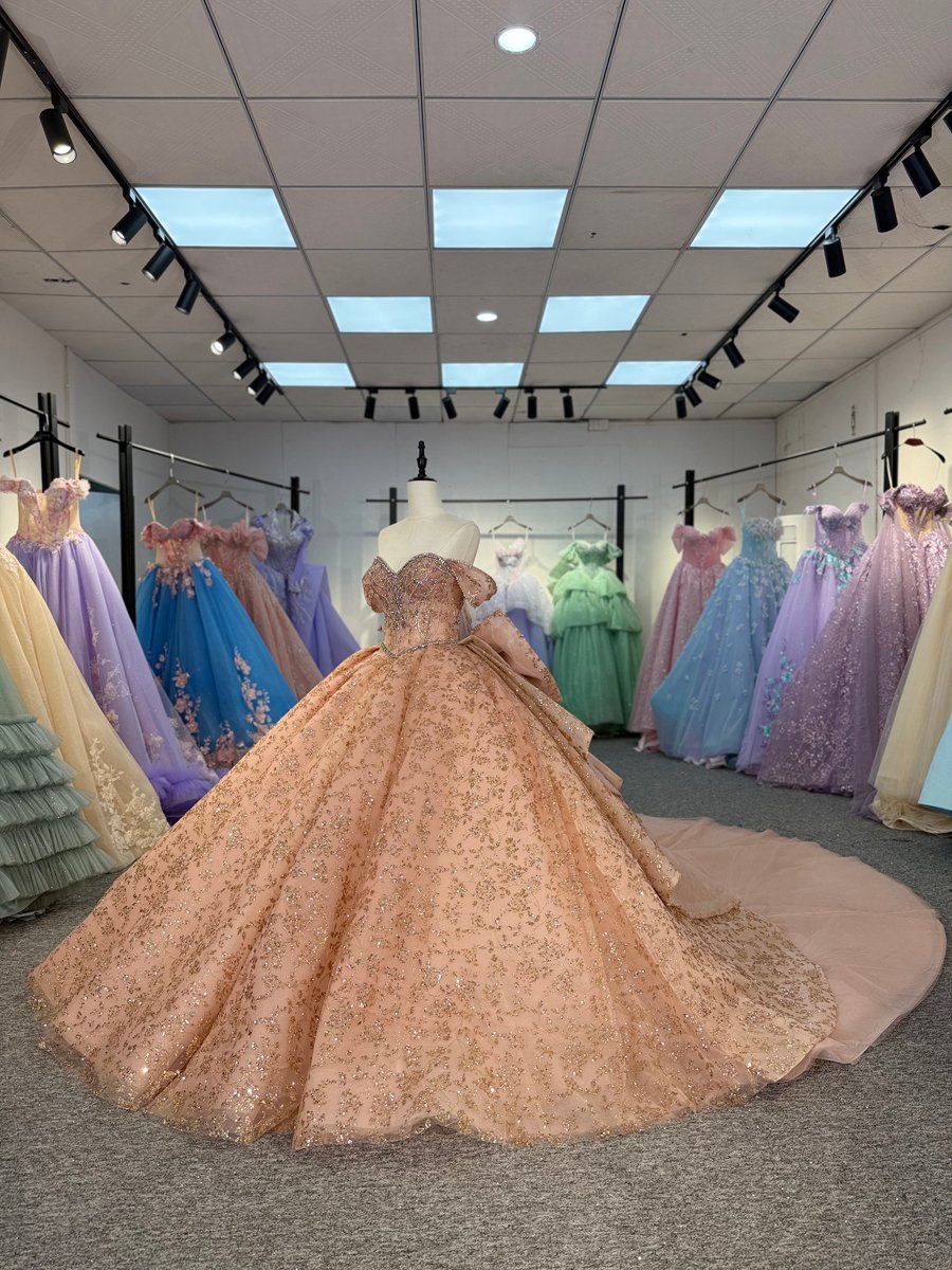 Shimmering Gold Glitter Peach Quinceanera Dress Off Shoulder Oversize Bow Corset Back Ball Gown Detachable Train Sweet 16 Princess Gown - Image 5