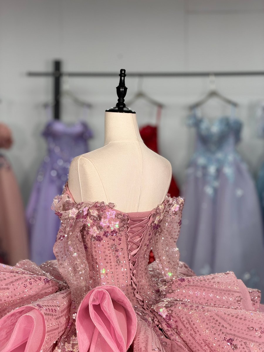 Sparkly Pink Quinceanera Dress Long Sleeves Detachable Bow Sweetheart Ball Gown - Image 4