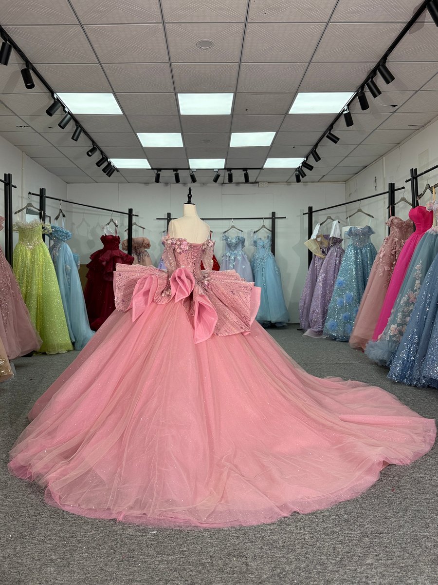 Sparkly Pink Quinceanera Dress Long Sleeves Detachable Bow Sweetheart Ball Gown - Image 6