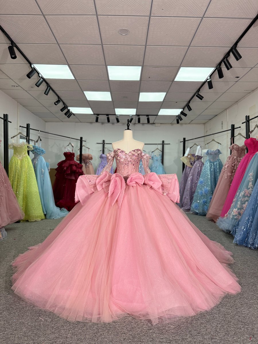 Sparkly Pink Quinceanera Dress Long Sleeves Detachable Bow Sweetheart Ball Gown