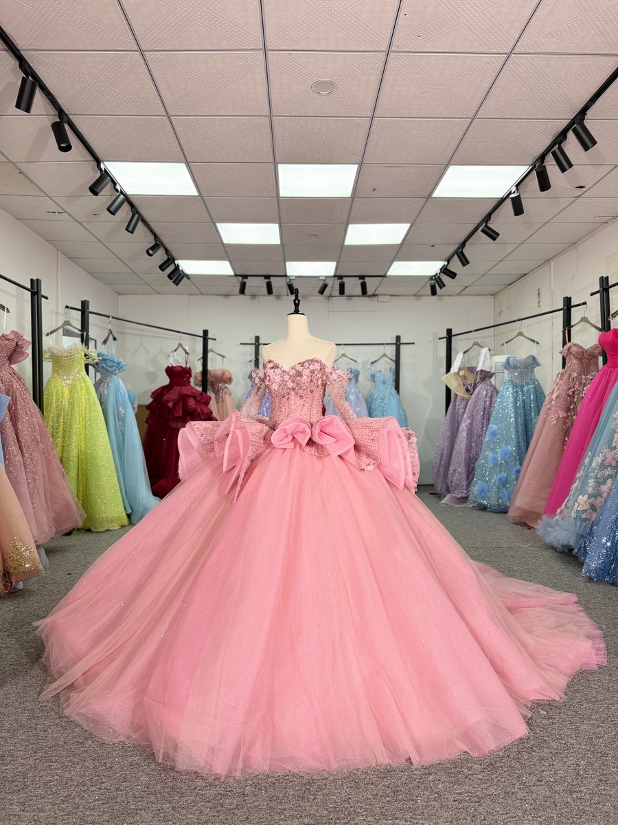 Sparkly Pink Quinceanera Dress Long Sleeves Detachable Bow Sweetheart Ball Gown - Image 5