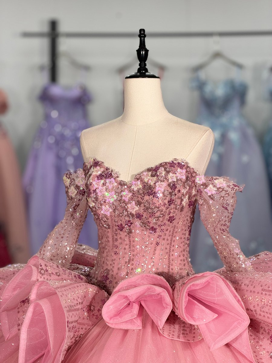 Sparkly Pink Quinceanera Dress Long Sleeves Detachable Bow Sweetheart Ball Gown - Image 3