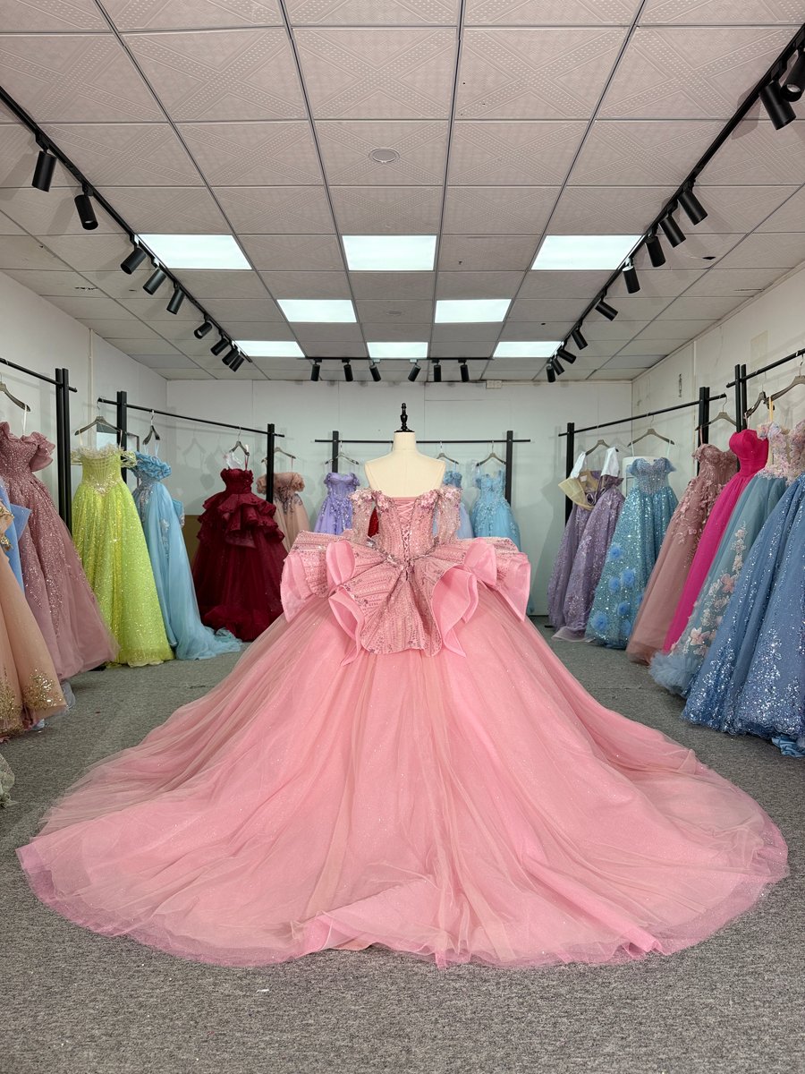 Sparkly Pink Quinceanera Dress Long Sleeves Detachable Bow Sweetheart Ball Gown - Image 2