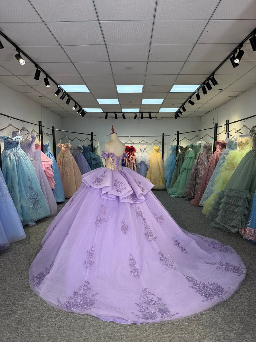Glittering Sparkling Beaded Lavender Quinceanera Dress Off Shoulder Tiered Dress Corset Back Ball Gown Long Train Sweet 15 Birthday Gown - Image 6