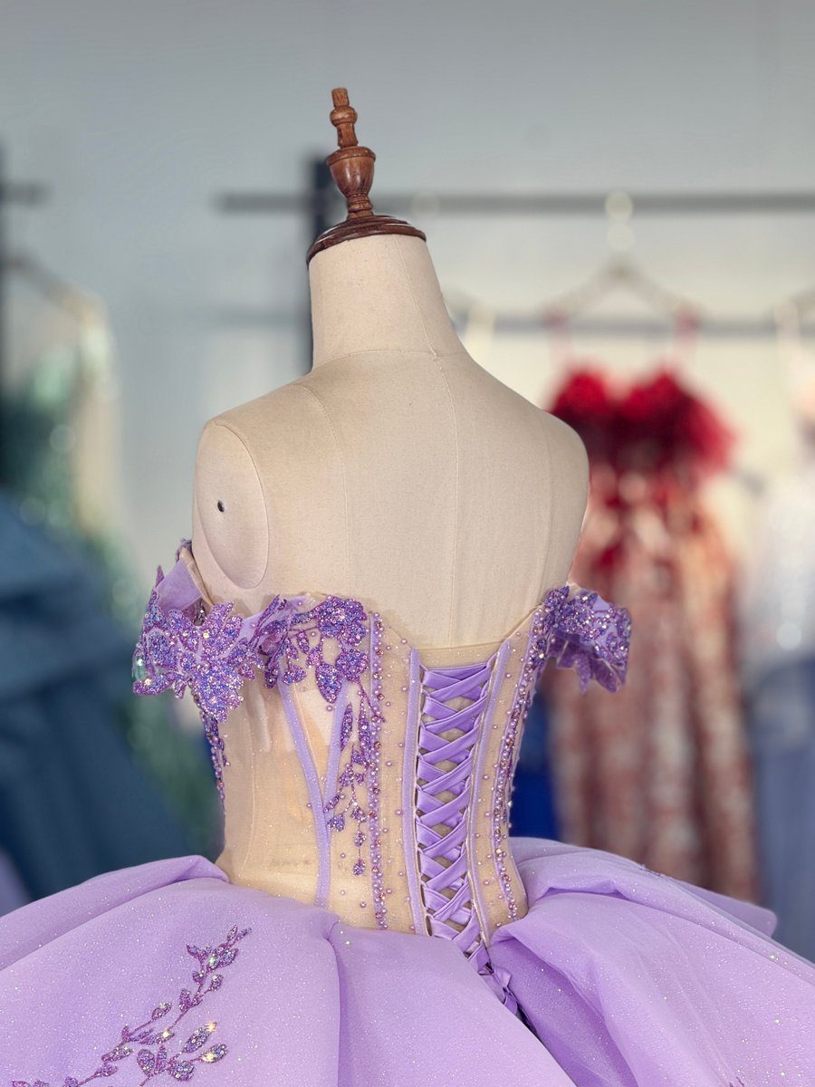 Glittering Sparkling Beaded Lavender Quinceanera Dress Off Shoulder Tiered Dress Corset Back Ball Gown Long Train Sweet 15 Birthday Gown - Image 4