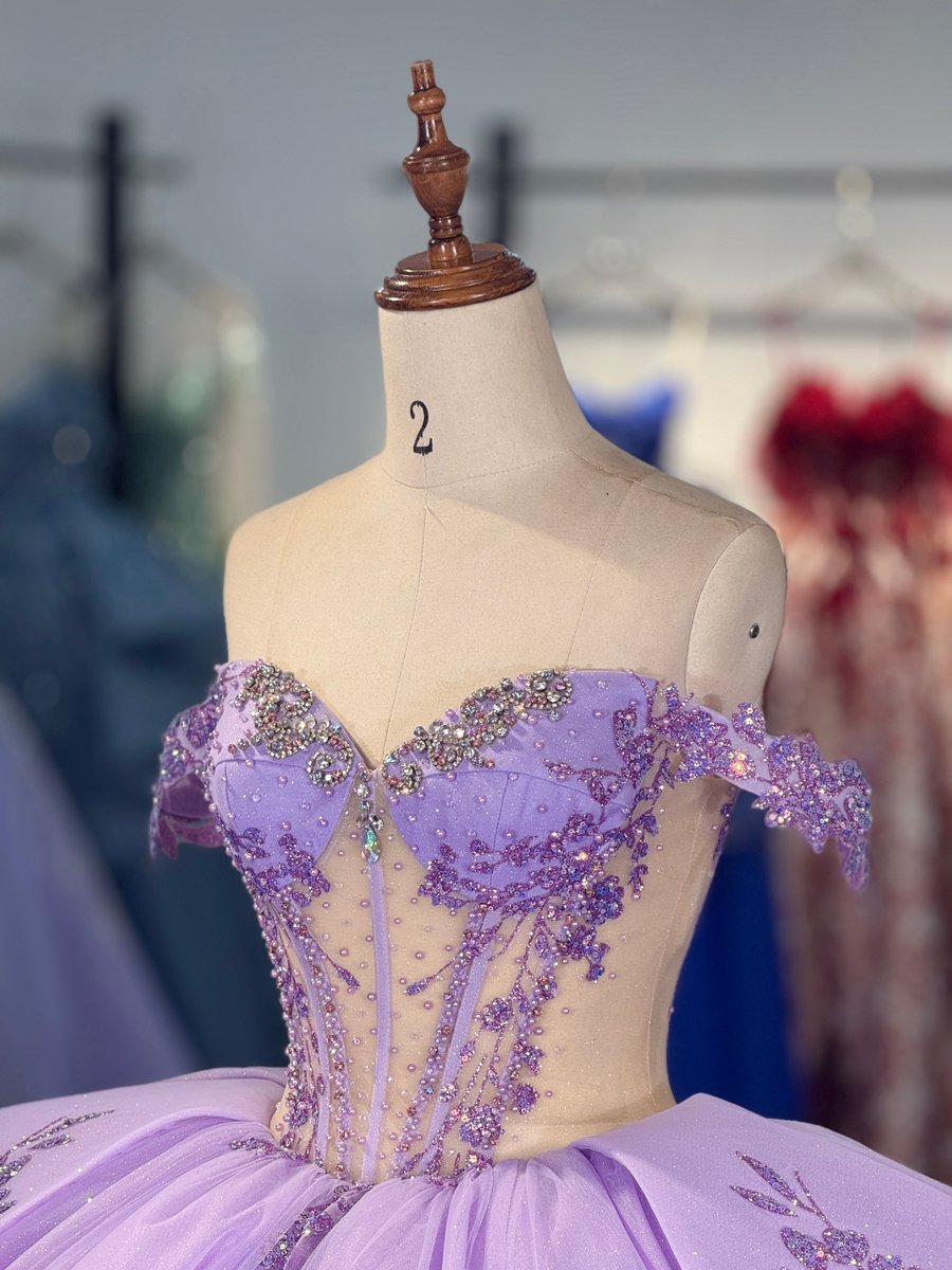 Glittering Sparkling Beaded Lavender Quinceanera Dress Off Shoulder Tiered Dress Corset Back Ball Gown Long Train Sweet 15 Birthday Gown - Image 3