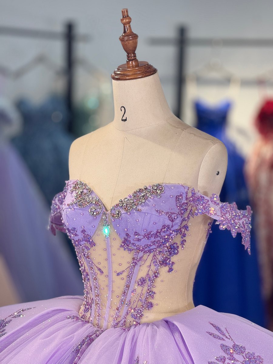 Glittering Sparkling Beaded Lavender Quinceanera Dress Off Shoulder Tiered Dress Corset Back Ball Gown Long Train Sweet 15 Birthday Gown - Image 5